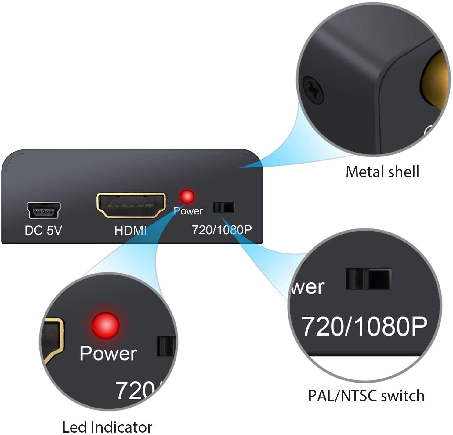 Neoteck AV to HDMI Converter, RCA Composite CVBS Video Adapter 1080P/720P Output Plug & Play with USB Power - Image 3