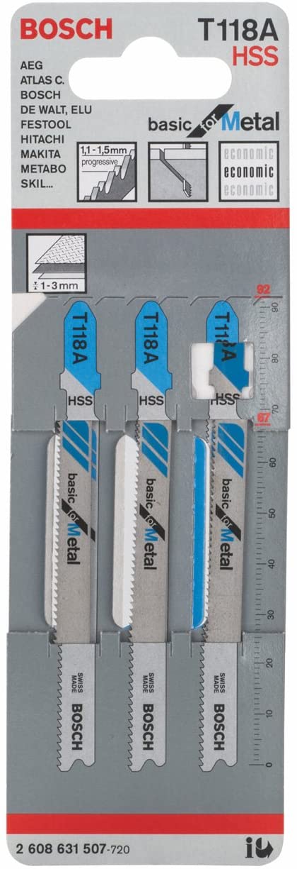 Bosch 3x T 118 A Basic for Metal Jigsaw Blade (for Steel sheets Steel sheets, Length 92 mm, Professional Accessory Jigsaw)