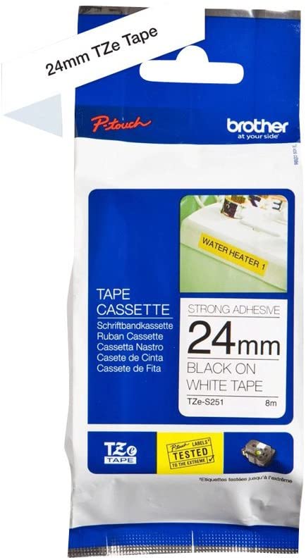 Brother TZe-S251 Labelling Tape Cassette, Black on White, 24mm (W) x 8M (L), Strong Adhesive, Brother Genuine Supplies