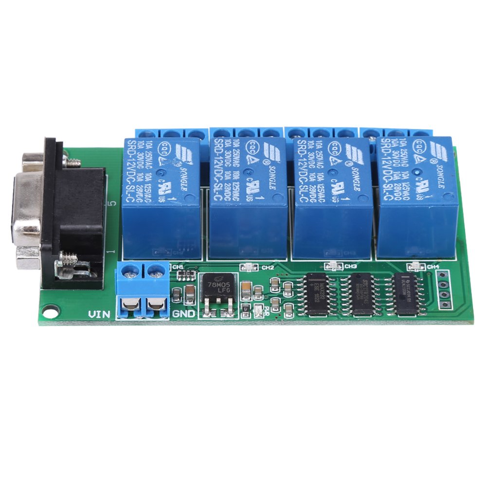 RS232 Relay Board 4Ch Remote Control Switch with RS232 DB9 Female Interface for Car Motor and Smart Home Garage Door