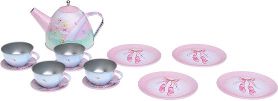Jewelkeeper 15 Piece Girls Pretend Toy Tin Tea Set & Carrying Case - Ballerina Design - Image 4
