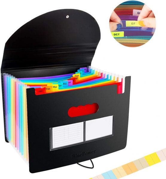 Expanding File Organisers,13 Pockets Filing Box Document Organiser, BluePower Expandable File Folder with Lid, Accordion A4 Desk Folders Expander, Portable Files Wallets Plastic Documents Storage Box