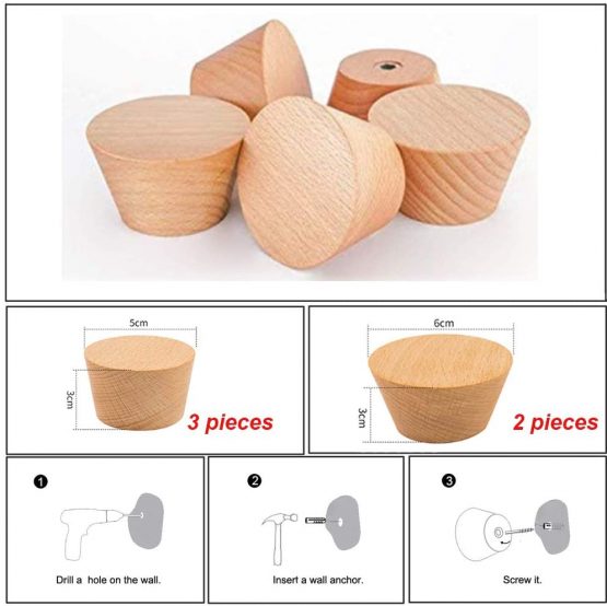 Gumiho Wooden Coat Hook Dot Round Hangers, 5 Pack Natural Wall Mounted Clothes Scarf Hat and Bag Storage Hangers Towel Rack Bedroom Decoration, (2 pack large size,3 pack small size) - Image 2