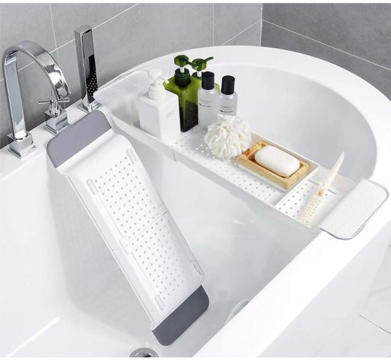 Bathtub Caddy Bath Bridge Tray Rack Book Phone Pad Holder Toys Shampoo Soap Storage Compact Bathtub Accessories Dish Drainer Extendable Rustproof White - Image 2