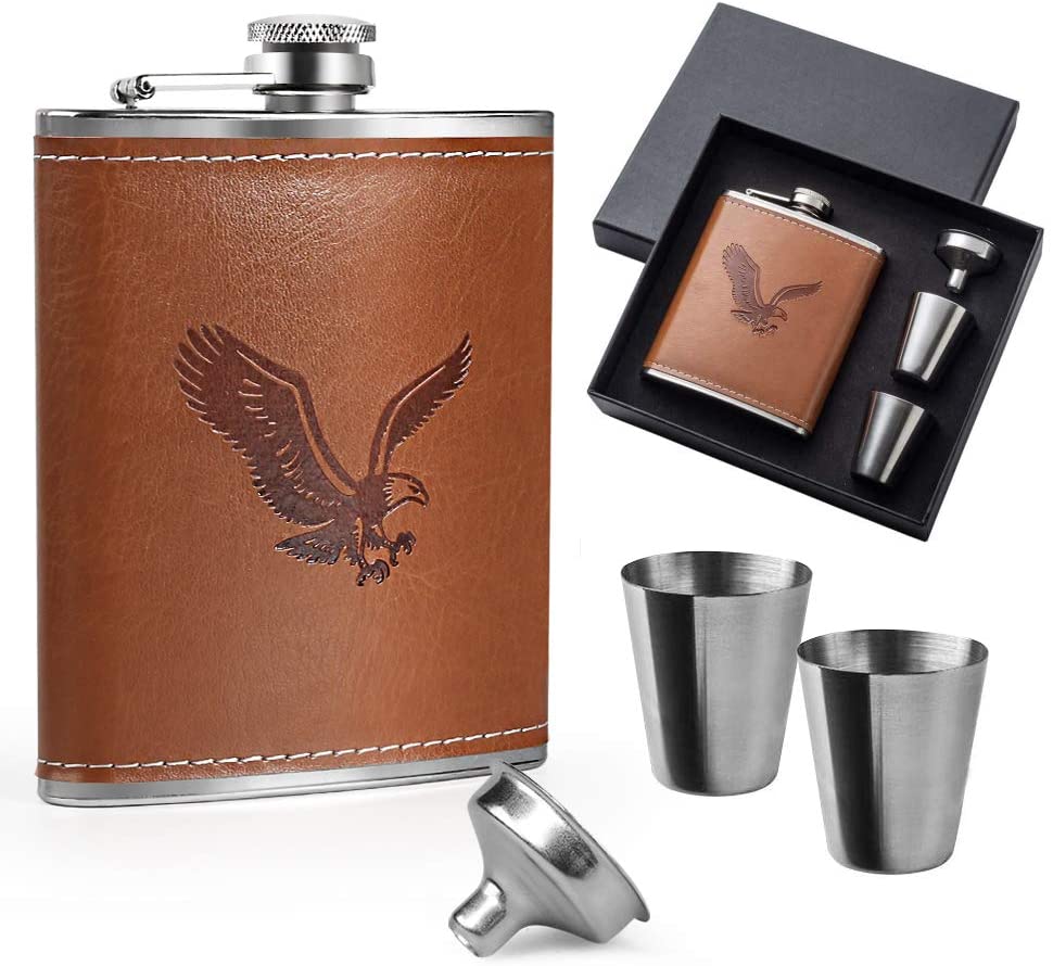 KWANITHINK Hip Flask Gift Set, Stainless Steel Leather Hip Flasks 7oz