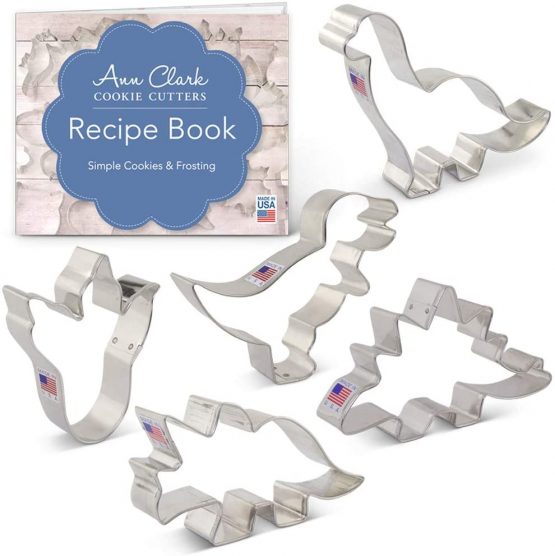 Ann Clark Cookie Cutters 5-Piece Dinosaur Cookie Cutter Set with Recipe Booklet, Triceratops, Stegosaurus, T-Rex, Brontosaurus and Dinosaur Footprint