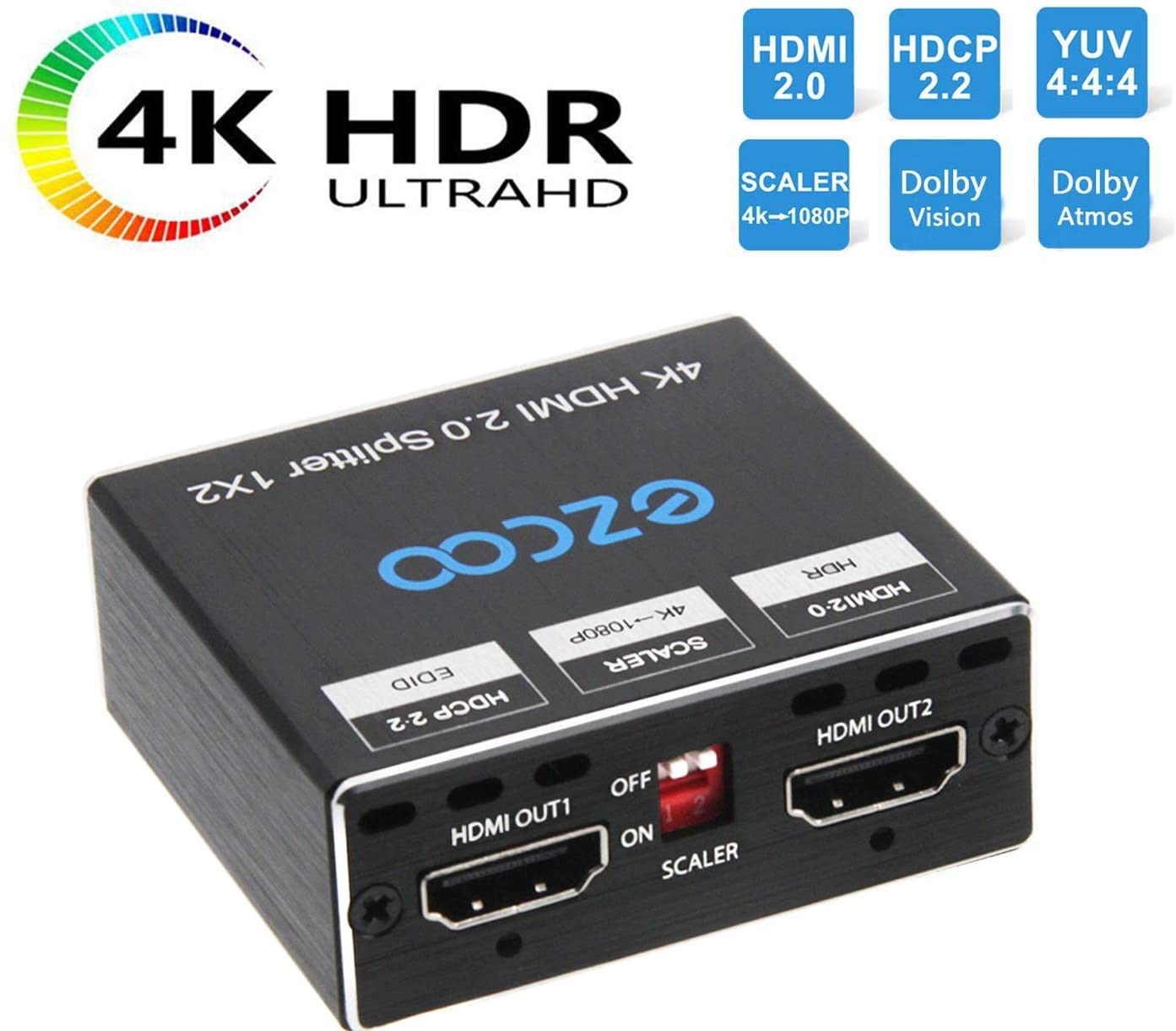 HDMI Splitter 1 in2 out 4K 60Hz 4:4:4 HDR Dolby Vision Dolby Atmos Firmware Upgrade HDCP2.2 Scaler 4K 1080P Scaler EDID Switch,USB Power