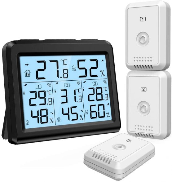 ORIA Digital Thermometer Hygrometer with 3 Sensors, Indoor/Outdoor Humidity Meter Temperature Monitor, Wireless Weather Station with Backlight, Comfort Icon, Arrow Trends for Temp and Humidity -Black