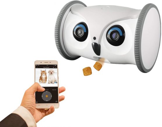 SKYMEE Owl Robot: Movable Full HD Pet Camera with Treat Dispenser, Interactive Toy for Dogs and Cats, Mobile Control via App (2.4Ghz WiFi)