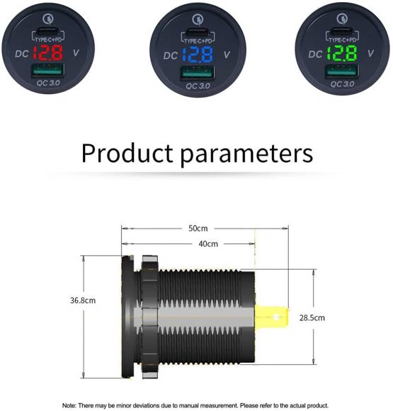 Red LED Voltmeter for 12 V ~ 24 V Car Boat Motorcycle SUV Bus Truck Caravan Marine QC 3.0 PD Type C Car Charger with LED Voltmeter Car USB Socket with QC 3.0 USB Socket Waterproof and Dustproof - Image 2