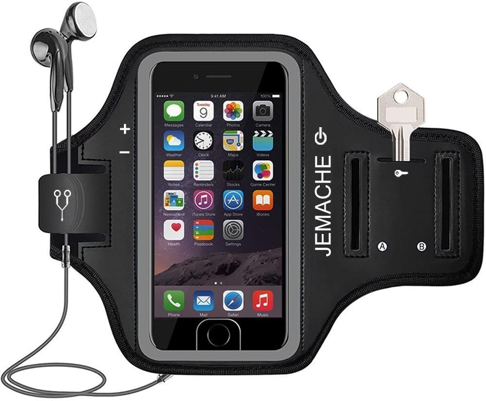JEMACHE ID Touch Supported Gym Jog Run Workout Arm Band Case for iPhone 6/6S/7/8 Plus (Black)