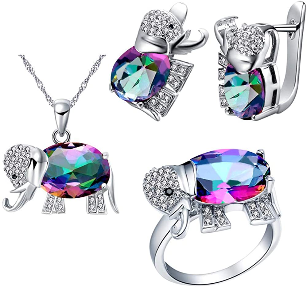 Uloveido Women's Elephant Shape Simulated Rainbow Topaz Silver Color Chain Necklace Studs Clip On Earrings Halo Cocktail Ring Wedding Jewelry Set for Girls T485