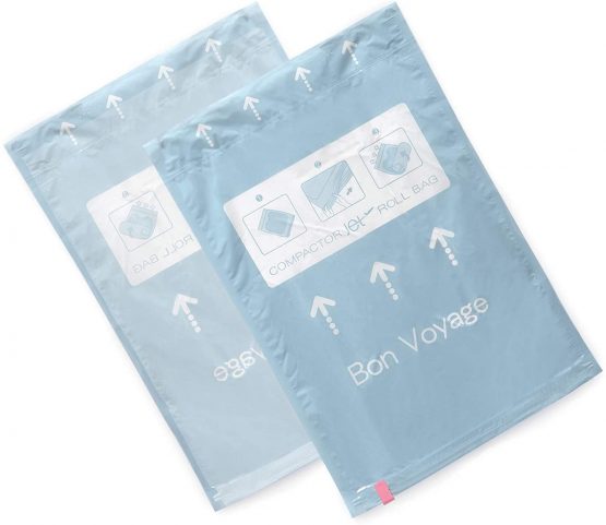 Compactor Set of 2 Manual Roll Travel Vacuum Storage Bags, Manual Roll for Travel, Size S, Extra-flat, 35 x 50 cm, Transparent, RAN4291