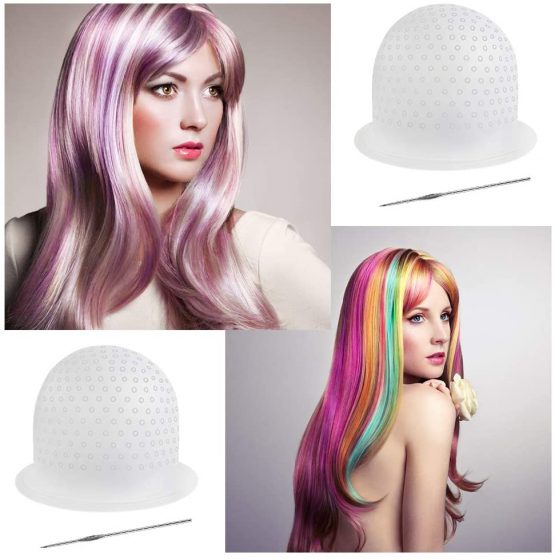 Dadabig 2 Sets Hair Dyeing Highlighting Cap, Silicone Highlighting Cap Professional Reusable Salon Hair Coloring Hat with 2 Metal Hooks and 100 Gloves for Dyeing Hair - Image 2