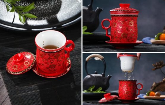 HOLLIHI Porcelain Tea Cup with Lid and Saucer Infuser Sets - Chinese Jingdezhen Ceramics Coffee Mug Teacup Loose Leaf Tea Brewing System for Home Office - Image 3