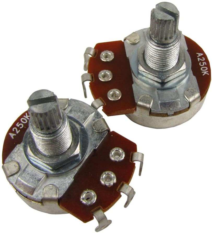 Musiclily A250K Metric Coarse 18-Spline Split Shaft Pots Audio Taper Potentiometers for Electric Guitar Bass (Set of 2)