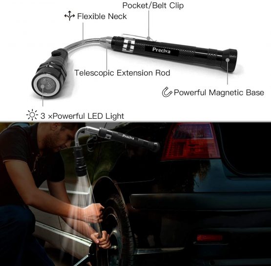 5 Pieces Magnetic Telescoping Pickup Grabber Tool, Extendable Tool Kit with LED Light, Including 15 lb/1 lb/Round/Square Inspection Mirror/Telescoping Handle 360° Swivel for Extra Viewing and Pickup - Image 2