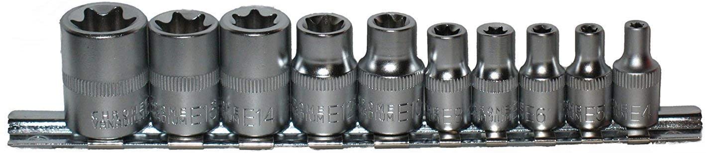 Neilsen CT0732 10pc Star Socket Set 1/4in & 3/8in Drive E4-E18 Chrome Vanadium with Socket Rail, Black, Variety Pack