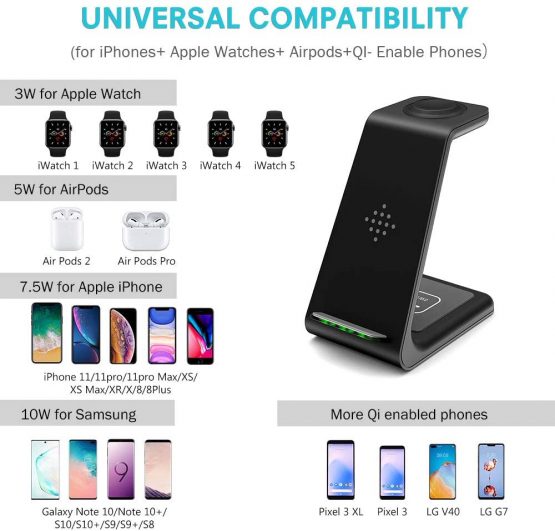 GEEKERA Wireless Charger, 3 in 1 Wireless Charging Stand Dock for iPhone 13/13 Pro Max/12/12 Pro Max/11/11 Pro Max/XS Max/XR/X/8 Plus/AirPods Pro/3/2/Apple Watch 7/6/5/4/3/2/SE, Temperature Control - Image 2