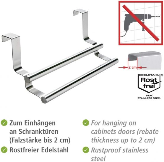 Wenko 79172100 Twin door towel rail, with 2 rods, Towel Rail For Cabinet Doors, Stainless Steel, 23.5 x 10.5 x 8.5 cm, Matt Silver - Image 3