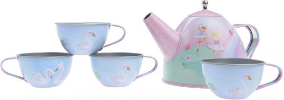 Jewelkeeper 15 Piece Girls Pretend Toy Tin Tea Set & Carrying Case - Ballerina Design - Image 3