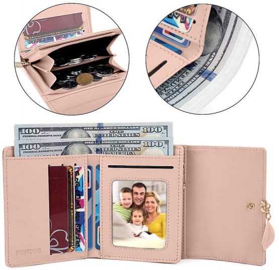 FT FUNTOR PU Leather Wallet for Women RFID-Blocking, Ladies Bifold Leaf Pendant Coin Zipper Small Purse with 5 Card Slots and 1 ID Window Card Holder Organizer (Grey) - Image 3