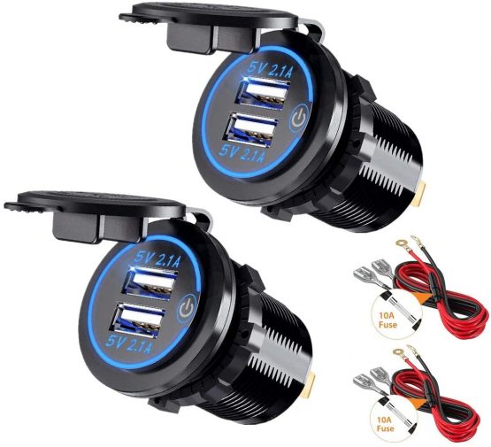 Thlevel Dual USB Charger Socket, Dual 5V/4.2A USB Car Charger Power Outlet with switch for 12V/24V Car, Boats and Marine, Motorcycle, Truck, SUV, UTV (2x USB Socket Blue)