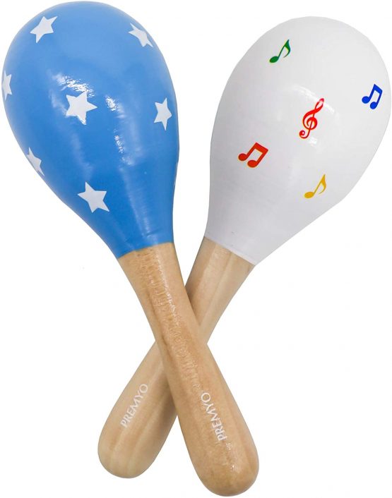 PREMYO Baby Rattle Maracas - Wooden Musical Instruments for Toddlers - Newborn Sensory Toys - Stars Note Blue White - Image 4