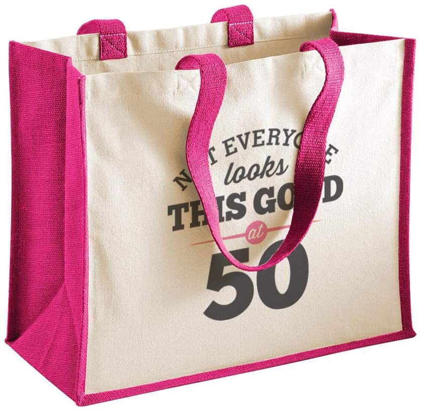 50th Birthday Gift Bag Funny Gift for Women Tote Shopping Present (Fuchsia), 42 x 33 x 19cm