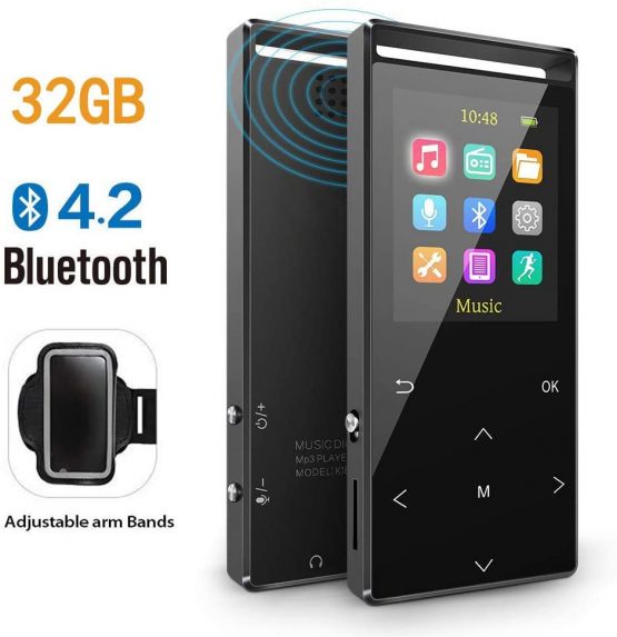 MUSRUN MP3 Player 32GB compatible Bluetooth 5.0, Line-in record, Wired earphones Control, FM, Armband, HIFI, Shuffle play, Time-sleeper, Metal shell, Matt, Xmas Packing