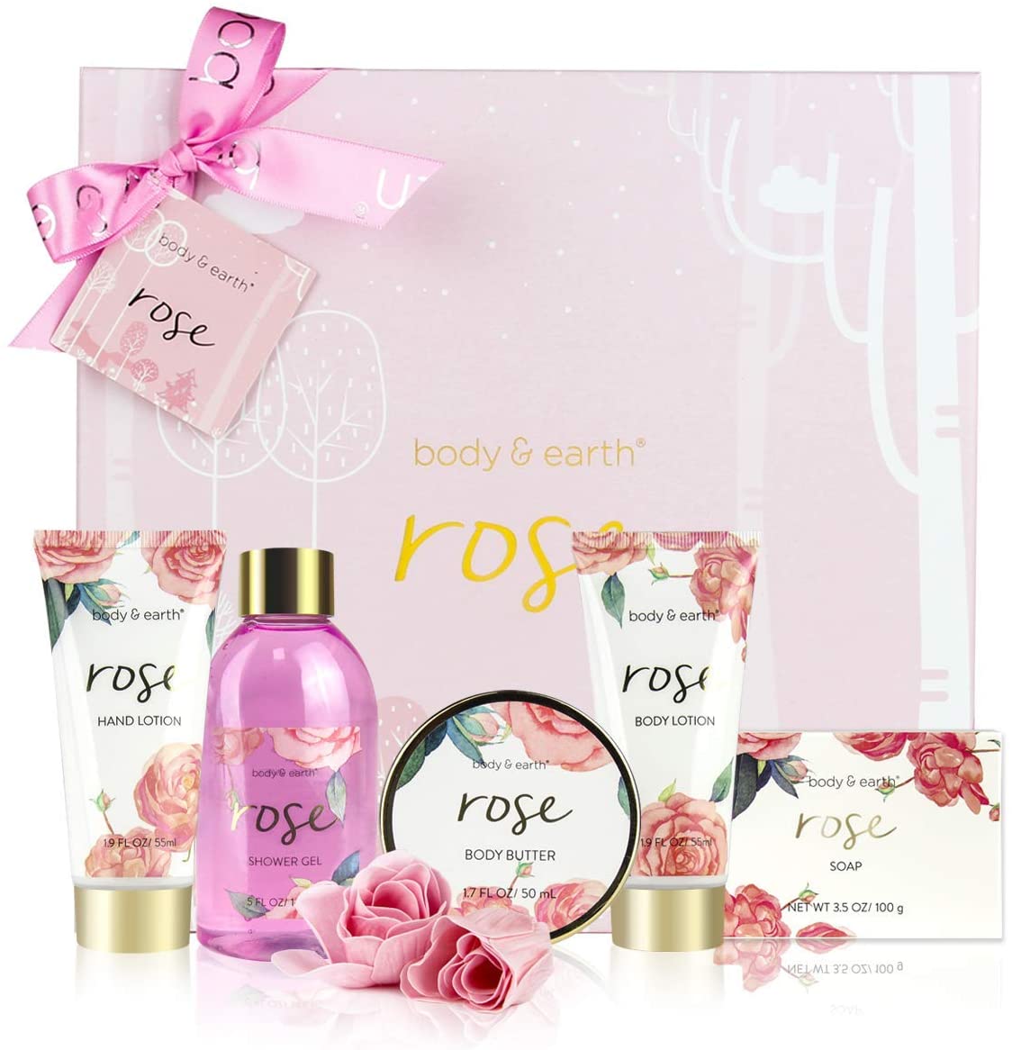 BODY & EARTH Bath Spa Women Gift Set 5 Pcs Rose Gifts Sets Box for Her Pamper Gift for Womens with Soap Shower Gel Body Lotion Mothers Day Gifts Christmas Valentine Gifts for Women