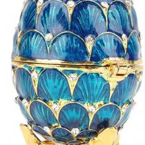 Hand-Painted Mini Faberge Enameled Easter Egg with Rich Enamel and Sparkling Rhinestones Jewelry Trinket Box, 4 Colors(Blue)