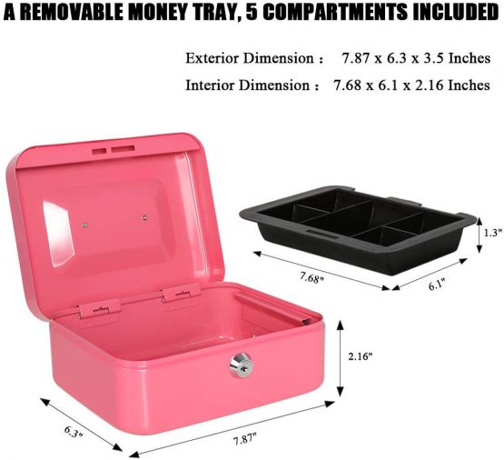 Cash Box with Money Tray, Metal Locking Money Box with Key Lock for Security, 7 4/5" x 6 4/5" x 3 3/5", Pink - Image 4
