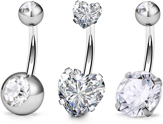 FECTAS 3pcs Silver Belly Button Ring Top Zirconia 316L Surgical Steel 14G Navel Bars Piercing Jewellery