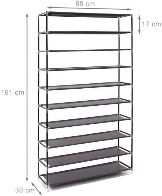 Relaxdays VALENTIN Shoe Rack Storage Unit, 161 x 88 x 30 cm, with Fabric Cover, 10 Shoe Shelves with Zipper, 45 Pairs of Shoes, Black - Image 4