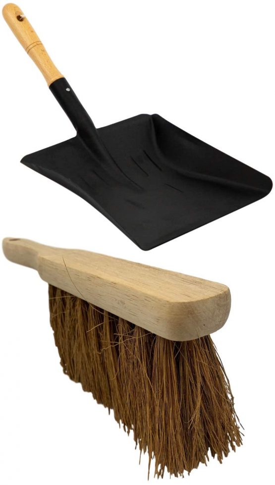 Heavy Duty Coal Shovel and Brush Set - 9 Inch Metal Hand Shovel with Wooden Handle Ideal Large Garden Dustpan or Fireside Set