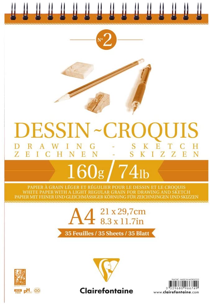 Clairefontaine, Ref 96674C, Wirebound White Drawing Sketch Pad (35 Sheets), A4 Sized, 160gsm Paper