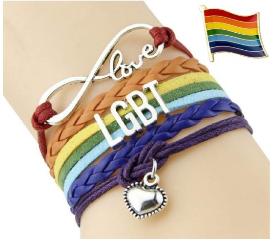 Love LGBT Gay Pride Heart Flag Bracelet plus Rainbow Flag enamel Pin Badge