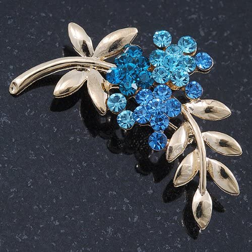 Blue Diamante Floral Brooch In Gold Plating - 50mm Length, gold, blue, light blue - Image 3