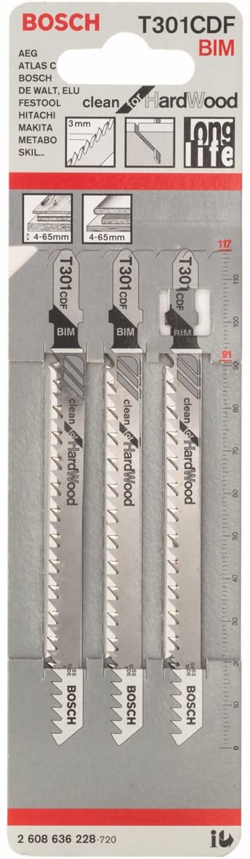 Bosch Professional 3 x Jigsaw blade T 301 CDF Clean for Hard Wood (for Hardwood straight cut, accessories jigsaw)