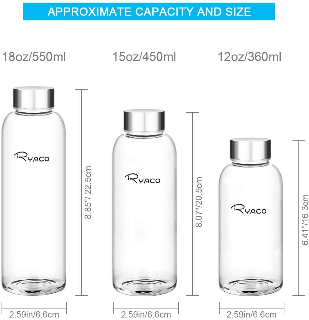 RYACO Glass Water Bottle 550ml/18oz,Borosilicate Glass Bottle with Neoprene Protective Case for Hot Cold Drinks,BPA-Free Leak Proof,Sport Water Bottles with Sponge Brush,Dishwasher Safe - Image 3