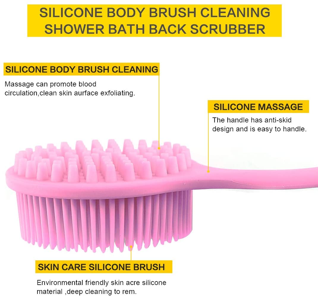 Ithyes Silicone Body Brush, Bath Brush Back Scrubber Long Handle Bath Shower Brush with Ultra Soft Bristles,Non-Slip,Pink - Image 3