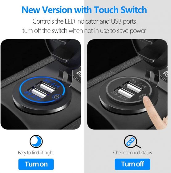 Thlevel Dual USB Charger Socket, Dual 5V/4.2A USB Car Charger Power Outlet with switch for 12V/24V Car, Boats and Marine, Motorcycle, Truck, SUV, UTV (2x USB Socket Blue) - Image 2