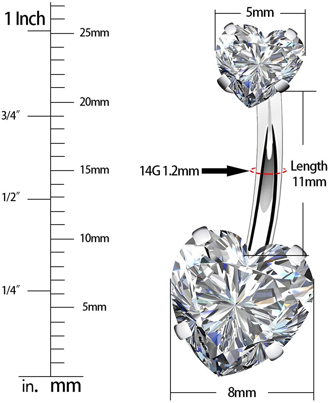 OUFER Belly Bar 14G 1.6mm Surgical Steel Belly Bars Double Shiny Heart