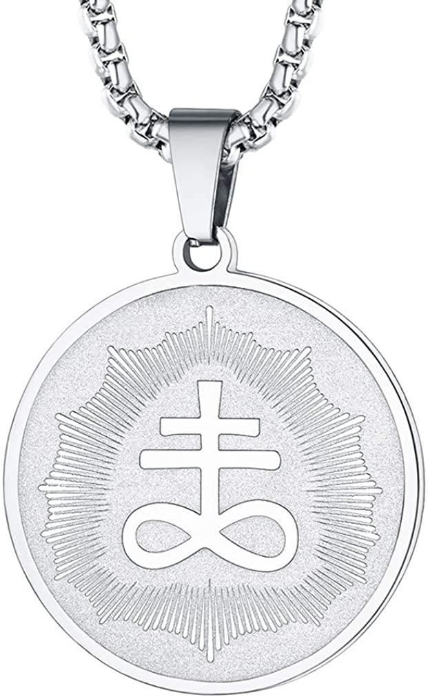 FaithHeart Womens Satanic Jewellery Silver Plated Leviathan Cross Pendant Protective Amulet Necklace Stainless Steel Coin Charm Catholic Gifts
