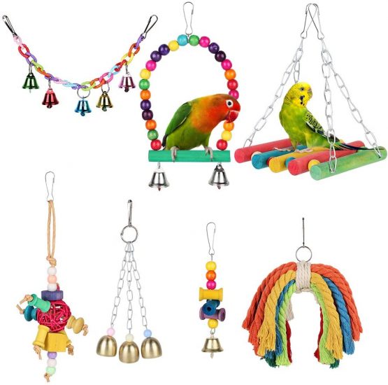 Bird Swing Toys for Chewing & Playing - YOUTHINK 7 Packs Colorful Natural Wooden Hammock Hanging Bell Fits for Parakeets , Parrots, Conures, Love Birds, Budgie, Budgerigars