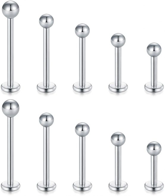 5 Pairs (10PCS) 16G Stainless Steel Labret Monroe Lip Ring Tragus Helix Earring Stud Piercing Jewelry 6mm 8mm 10mm 12mm 14mm