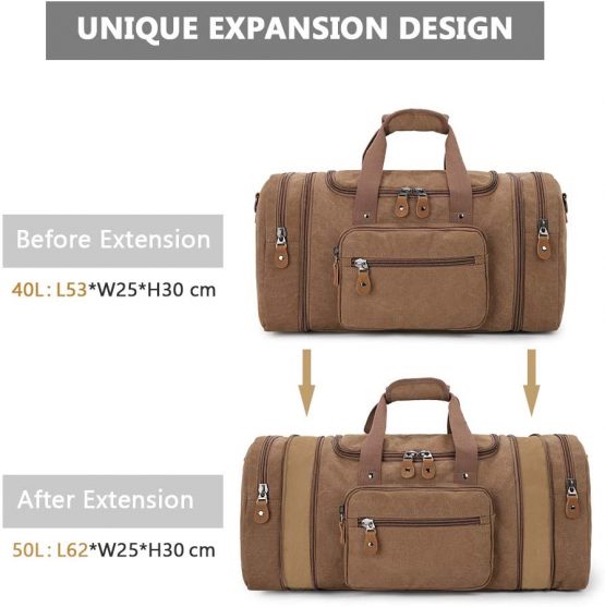 Plambag by Gonex Expandable Canvas Holdall Bag for Men, 40L / 50L Large Duffel Bag for Men with Multi-Pockets, Overnight Weekend Bag, Unisex Holdall Travel Duffle Bag, Weekender Bag for Men & Women, Coffee - Image 4