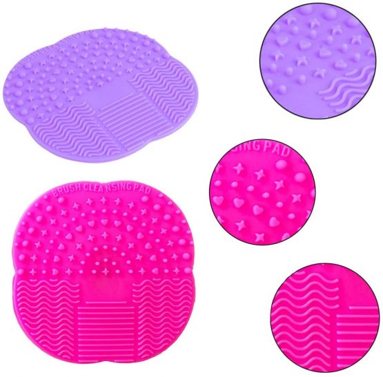 2pcs Silicone Brush Cleaner Make Up Brushes Cleaning Pad Little Rubber Scrubber Mat Portable Cosmetic Brush Washing Tool with Suction Cup 4" x 4" - Rose Red and Purple - Image 4