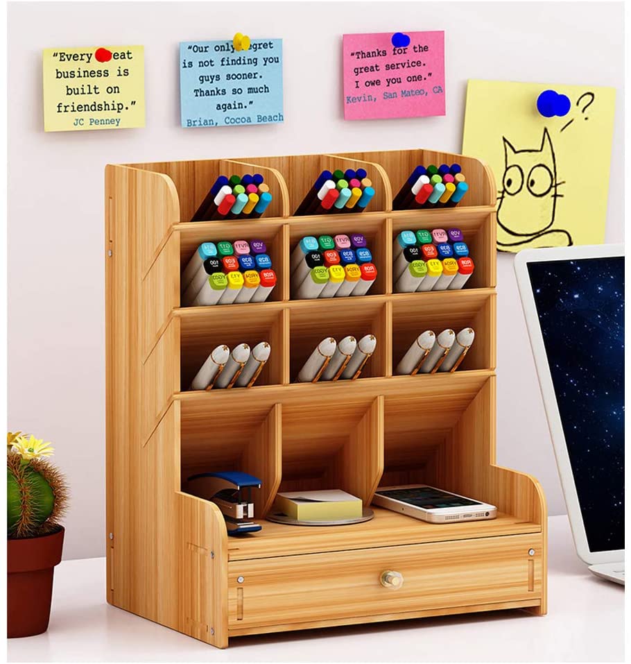 Hggzeg Wooden Desk Organiser Multi-Functional Drawer Stationery Desktop Storage Box Desk Tidy Pen Holder for Home Office and School (Cherry Color) - Image 2